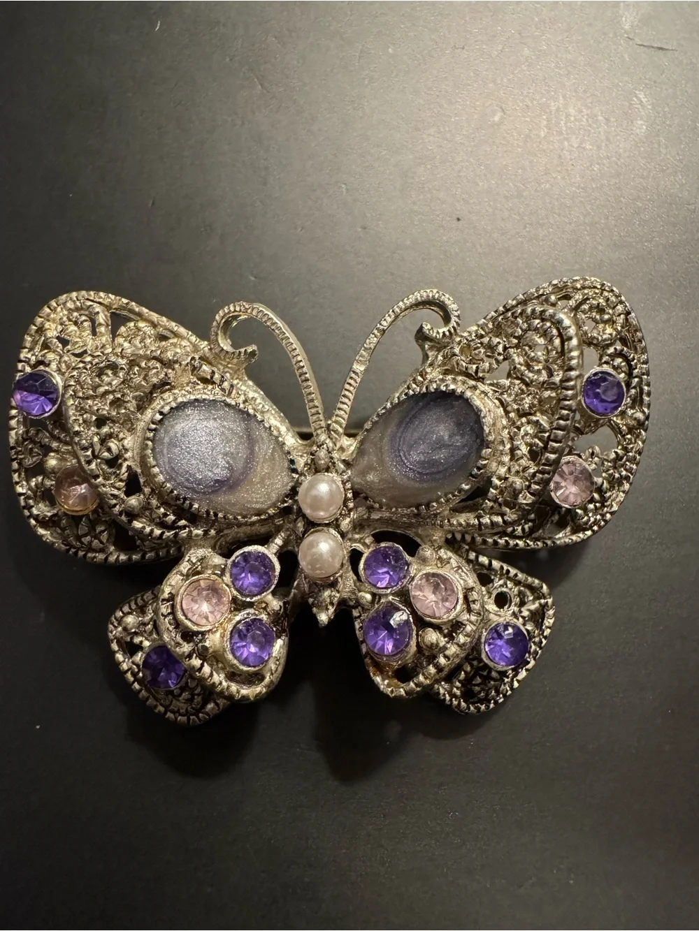 Ornate Silver Tone Butterfly Brooch